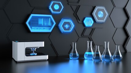 Poster - High-tech lab featuring a 3D printer, digital display showing data, and scientific beakers with liquids. No logos.