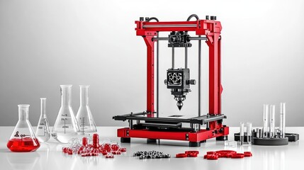 Poster - High-tech lab showcasing a 3D printer in action, surrounded by beakers, test tubes, and digital controls. No logos.