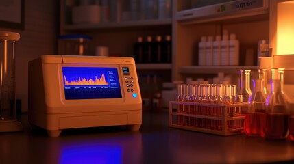 Poster - High-tech lab with a 3D printer and digital display panel, surrounded by beakers and test tubes. No logos.