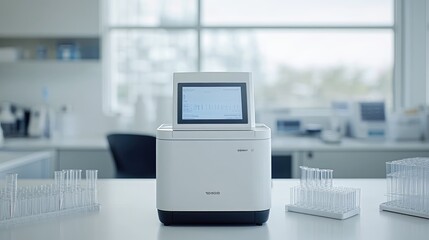 Poster - High-tech lab with a 3D printer, surrounded by advanced beakers and test tubes, with a digital screen showing data.