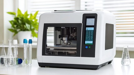 Poster - High-tech lab with a 3D printer, surrounded by advanced beakers and test tubes, and a digital display panel.