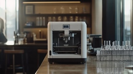 Poster - High-tech lab with a 3D printer, surrounded by advanced beakers and test tubes, and a digital display panel.