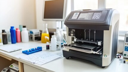 Poster - High-tech laboratory featuring a 3D printer, digital display, and scientific beakers with colorful liquids.