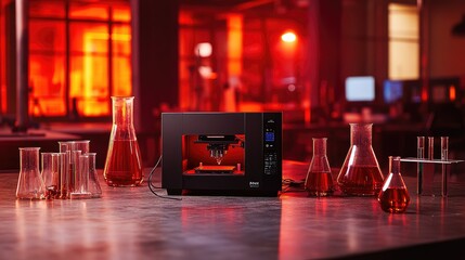 Poster - High-tech laboratory featuring a 3D printer in action, surrounded by digital screens, beakers, and test tubes.