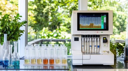 Poster - Innovative lab featuring a 3D printer, digital screen displaying data, and beakers with colorful liquids.