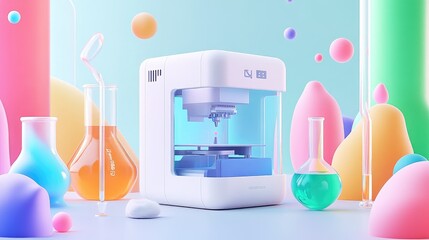 Poster - Innovative lab setup with a 3D printer and digital control, surrounded by advanced beakers and colorful liquids.