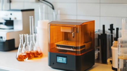 Poster - Innovative lab setup with a 3D printer and digital control, surrounded by advanced beakers and colorful liquids.