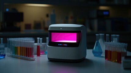 Poster - Innovative lab setup with a 3D printer, surrounded by colorful beakers and test tubes, digital display glowing.