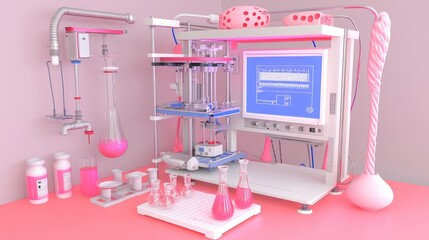 Poster - Modern lab setup with a 3D printer, beakers filled with chemicals, and a glowing digital display in the background.