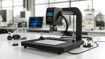 Poster - Modern lab setup with a 3D printer in focus, beakers filled with chemicals, and a glowing digital display.