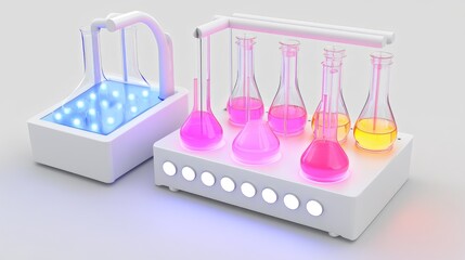 Poster - Modern lab setup with a 3D printer in focus, beakers filled with chemicals, and a glowing digital display.
