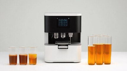 Poster - Modern lab with a 3D printer, digital interface showing data, and test tubes filled with vibrant liquids. No logos.