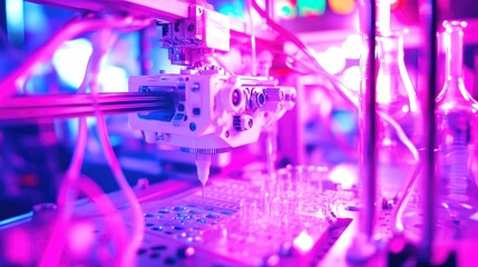 Poster - Modern laboratory showcasing a 3D printer in action, surrounded by beakers, test tubes, and a digital screen.
