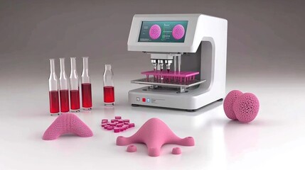 Poster - Modern laboratory showcasing a 3D printer in action, surrounded by beakers, test tubes, and a digital screen.