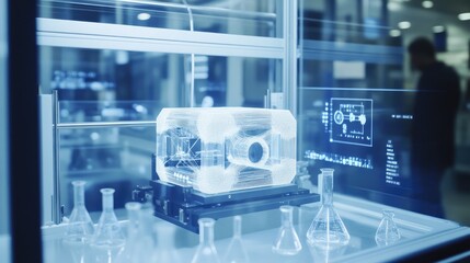 Poster - Sleek laboratory with a 3D printer at work, test tubes and beakers placed around, with a digital control display.