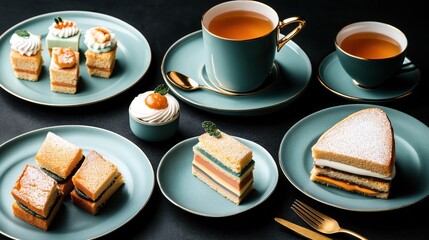 Wall Mural - Assorted gourmet cakes and pastries arranged on elegant teal plates with two cups of tea, close-up on dark background