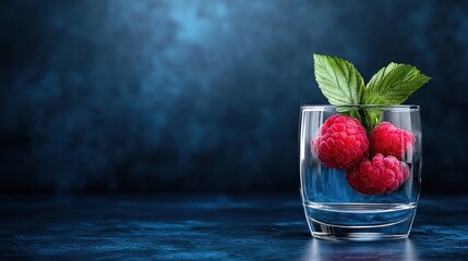 Canvas Print -   Three Raspberries in Water Glasses with Green Leaf