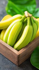 Sticker -   A wooden box with bananas sits on a table next to a leafy plant