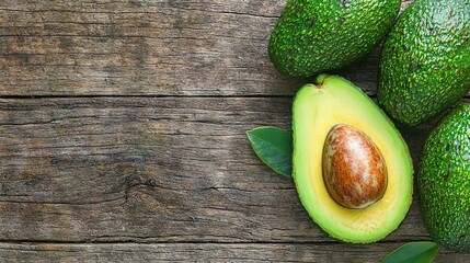 Sticker -   A split avocado sits on a wooden table with nearby leaves and a whole avocado