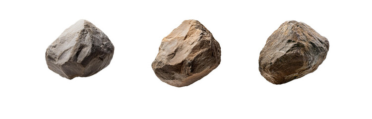 Poster - Three isolated brown rocks, each with a unique shape and texture, are set against a white background.