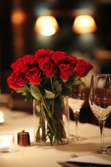 a beautiful bouquet of red roses in a glass vase on a romantic dinner table set for two in an elegan