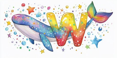 Watercolor whale with rainbow tail and letter W.