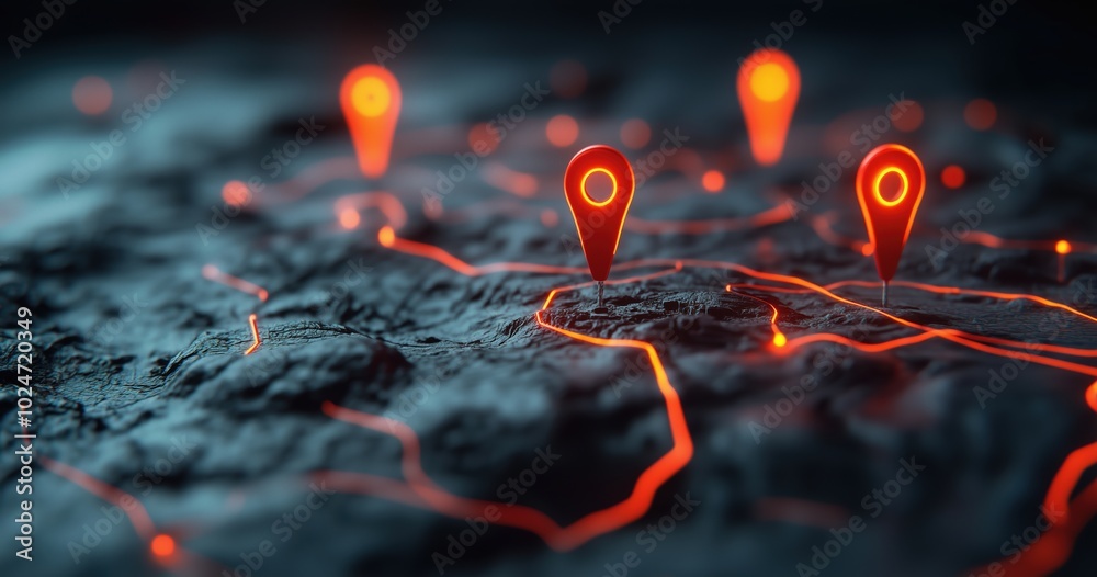 Realistic map with red pins and orange glowing markers indicating ...