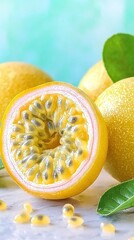 Wall Mural -   A pair of oranges rests atop a table, accompanied by two green leaves