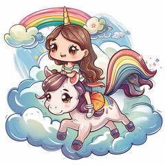 Wall Mural - A girl is riding a unicorn on a rainbow