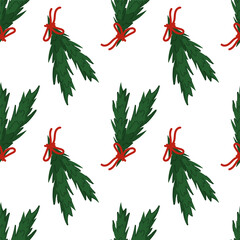 Seamless pattern of green festive branches tied with red bows in flat style. Perfect for Christmas design, holiday wrapping, greeting card, seasonal textile and festive decoration.