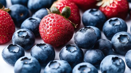 Wall Mural - Close-up of fresh blueberries and strawberries on a light background, showcasing vibrant colors and textures