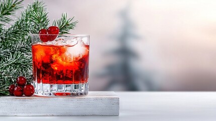 Canvas Print -   A close-up of a drink in a glass with ice and cranberries on a table near a Christmas tree