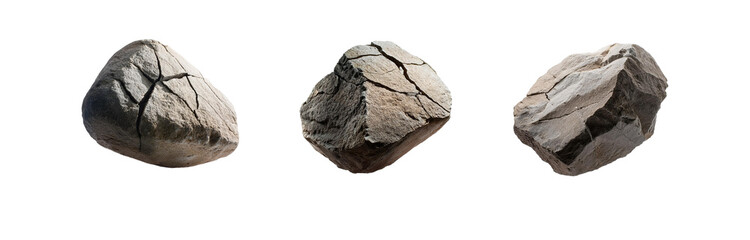 Poster - Three grey, cracked, isolated rocks on a white background.