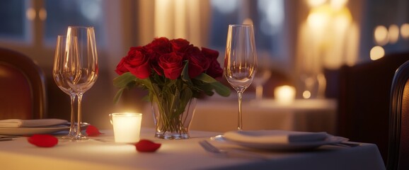 Romantic candlelit dinner setting with roses and soft ambient lighting in an elegant restaurant late in the evening. Wide web banner.