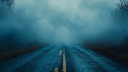 Poster - A foggy road with a yellow line
