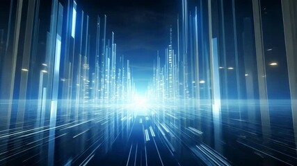 Poster - Cyber City: Futuristic digital highway, glowing blue lines converge into a bright horizon, abstract background, technology concept, digital art. 