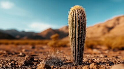 Wall Mural - Close-up view of a single cactus in a dry desert landscape with mountains in the background under a blue sky.