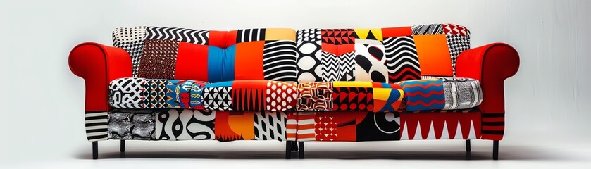 A colorful retro sofa, 1970s style, bold patterns, orange and red, isolated on white background