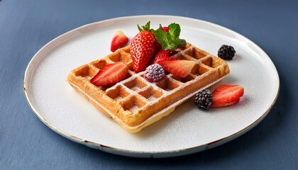 Square waffles with blueberry and strawberry on a white plate for breakfast; European and continental breakfast; food photography; healthy choice for breakfast