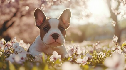 Wall Mural - Puppy in Flowers.