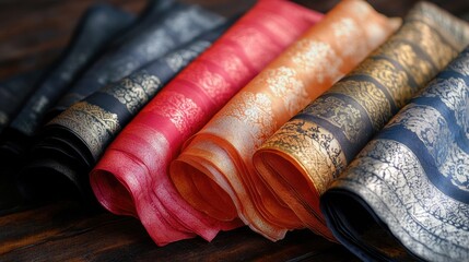 Rolls of colorful silk fabric lying on wooden table