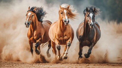 Wall Mural - three horses running fast and creating dust cloud
