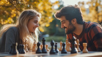 Wall Mural - A man and a woman are playing chess together