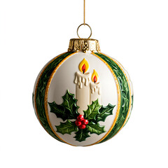 Wall Mural - Hanging vintage Christmas tree bauble ornament, painted and embossed candle and mistletoe theme - Xmas decoration object, isolated on a white background.