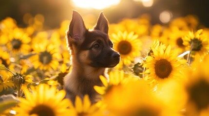 Canvas Print - Puppy in Sunflower Field.