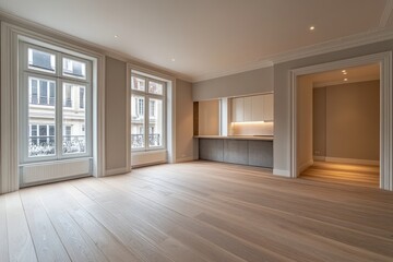 Aufkleber - Modern open space apartment with kitchenette and large windows offering city view