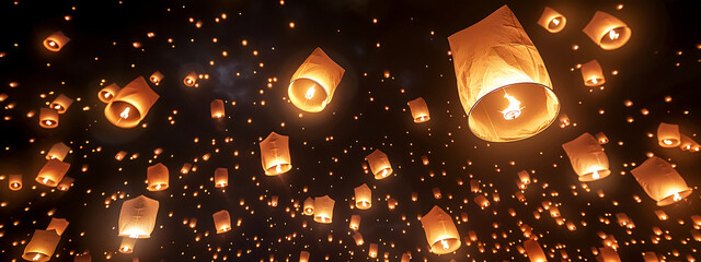 floating fire paper lanterns night sky of light and hope in lantern celebration festival tradition, beautiful magical glowing outdoor event culture darkness gathering spiritual wishes enchanting