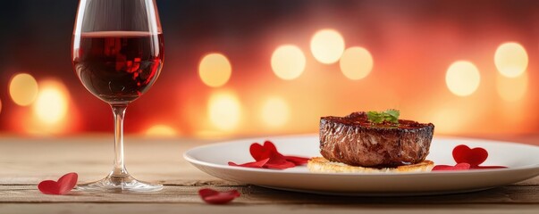 Romantic candlelit table with wine and a plated dish, with the soft glow emphasizing the luxurious presentation of the food