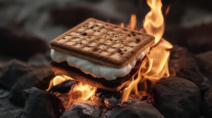 A marshmallow is on a fire and is next to a waffle sandwich