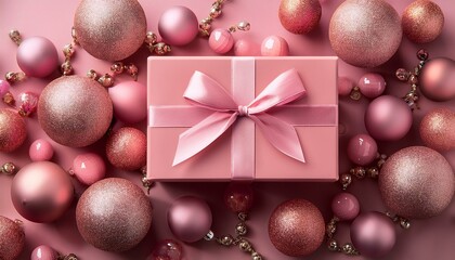 pink christmas gift box surrounded by pink balls